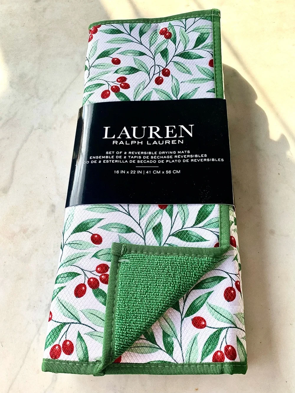 RALPH LAUREN KITCHEN DRYING MATS REVERSIBLE GREEN RED BERRIES SET NEW